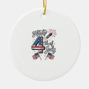 Vintage Happy 4th of July Patriotic Firework Shirt Ceramic Ornament