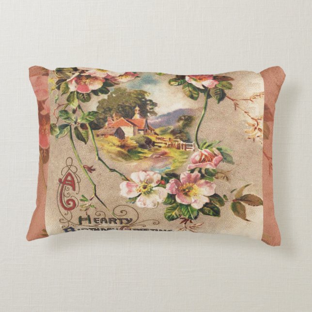 Vintage Happy Birthday Card Artwork Accent Pillow (Back)