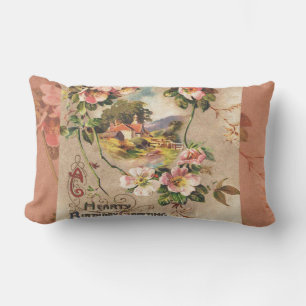 Vintage Happy Birthday Card Artwork Lumbar Pillow