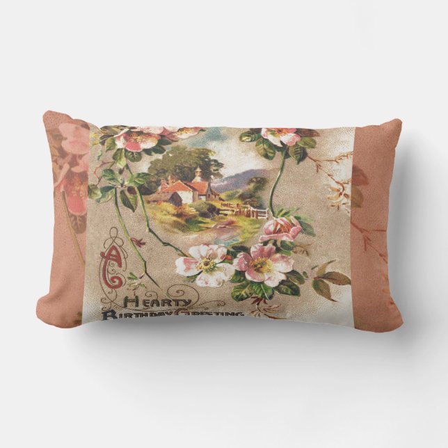 Vintage Happy Birthday Card Artwork Lumbar Pillow (Front)
