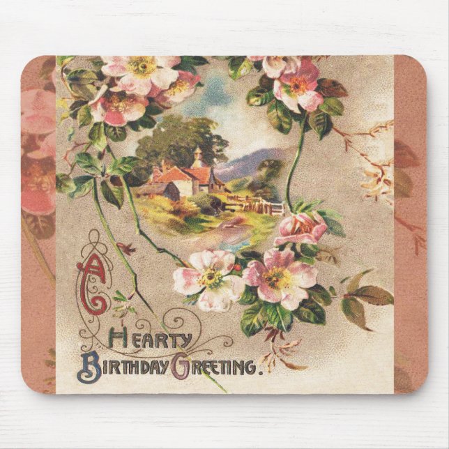 Vintage Happy Birthday Card Artwork Mouse Pad (Front)