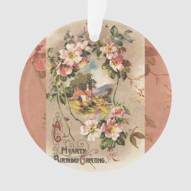 Vintage Happy Birthday Card Artwork Ornament (Front)