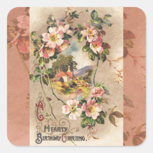 Vintage Happy Birthday Card Artwork Square Sticker