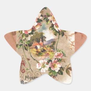 Vintage Happy Birthday Card Artwork Star Sticker