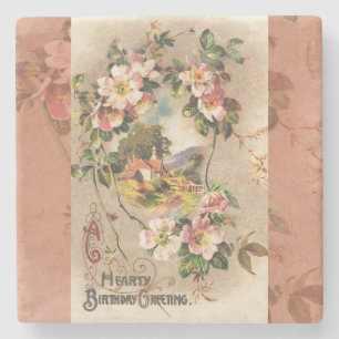 Vintage Happy Birthday Card Artwork Stone Coaster