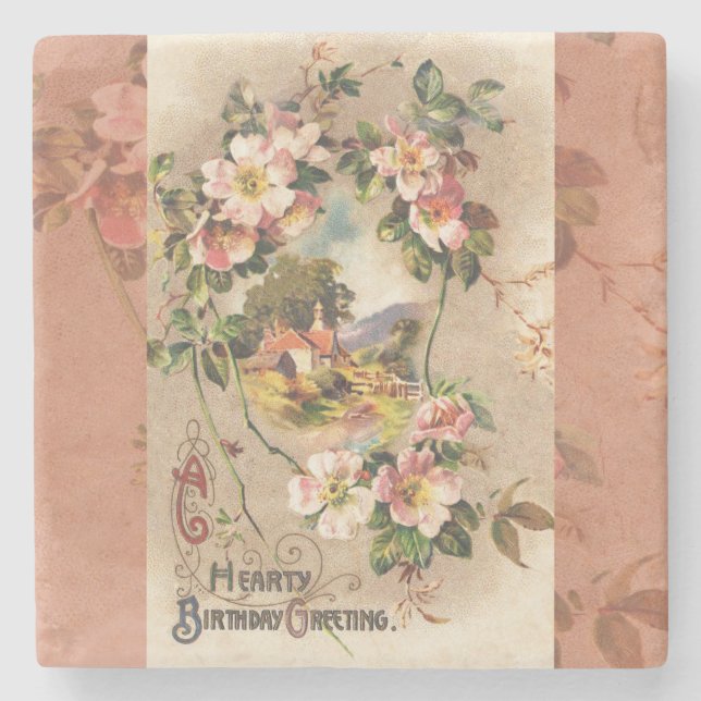 Vintage Happy Birthday Card Artwork Stone Coaster (Front)