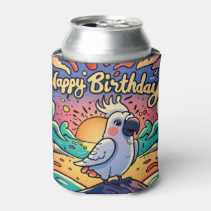 Vintage Happy Birthday Colourful Parrot Bird Can Cooler