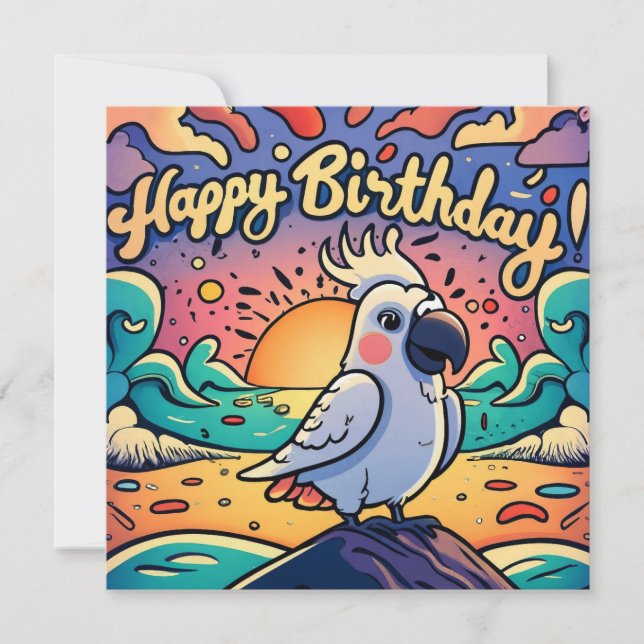 Vintage Happy Birthday Colourful Parrot Bird Holiday Card (Front)