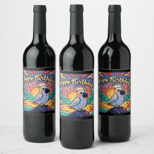 Vintage Happy Birthday Colourful Parrot Bird Wine Label