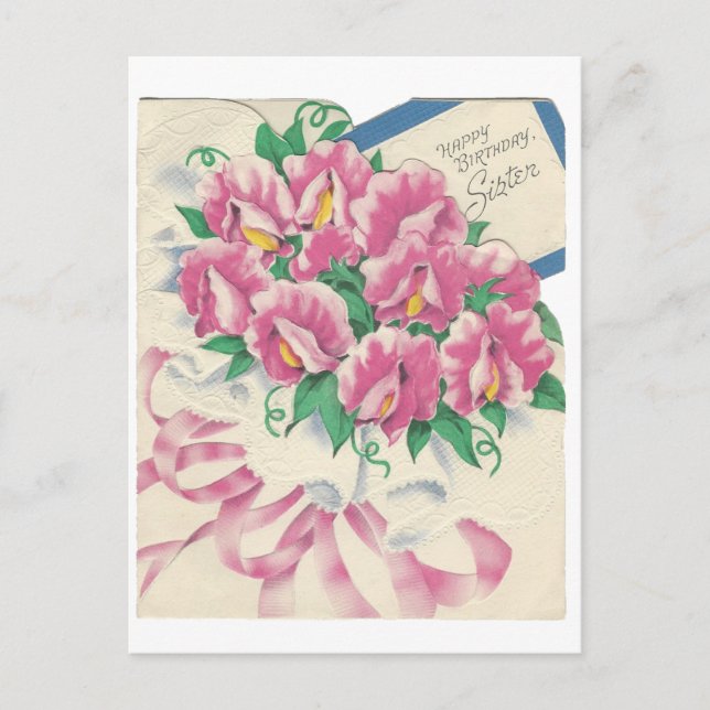 Vintage Happy Birthday Sister Bouquet Postcard (Front)