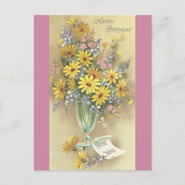 Vintage Happy Birthday With Flowers In Vase Postcard (Front)