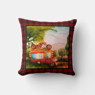 Vintage Happy Campers Trailer Trash Buffalo Plaid Throw Pillow