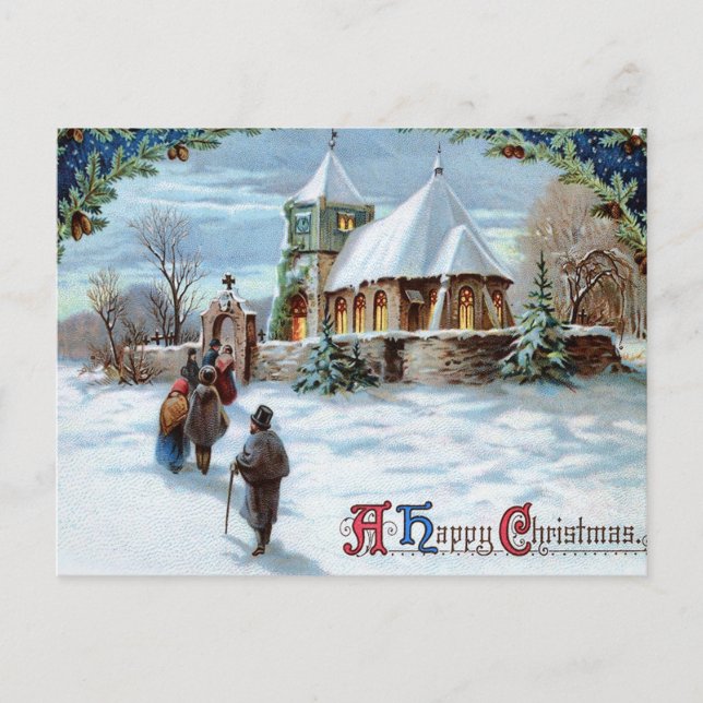 Vintage Happy Christmas Celebration in Church Postcard (Front)