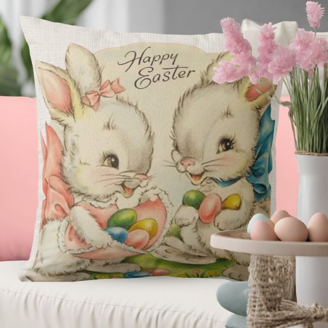 Vintage Happy Easter Bunnies With Easter Eggs Throw Pillow (Vintage Happy Easter Bunnies With Easter Eggs Throw Pillow)