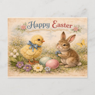 Vintage Happy Easter Bunny and Chick  Postcard
