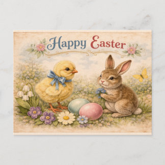 Vintage Happy Easter Bunny and Chick  Postcard