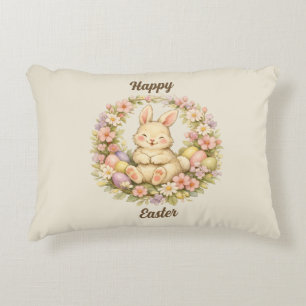 Vintage Happy Easter Bunny Floral Wreath Accent Pillow