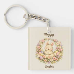 Vintage Happy Easter Bunny Floral Wreath Keychain