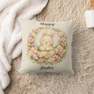 Vintage Happy Easter Bunny Floral Wreath Throw Pillow
