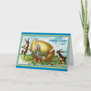 Vintage Happy Easter Bunny Rabbits Easter Eggs Card