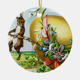 Vintage Happy Easter Bunny Rabbits Easter Eggs Ceramic Ornament