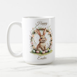 Vintage Happy Easter Bunny with Floral Wreath Coffee Mug