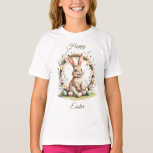 Vintage Happy Easter Bunny with Floral Wreath T-Shirt