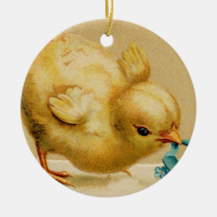 Vintage Happy Easter Chick with Blue Flowers Ceramic Ornament