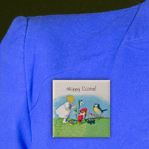 Vintage Happy Easter Elves Eggs 2 Inch Square Button