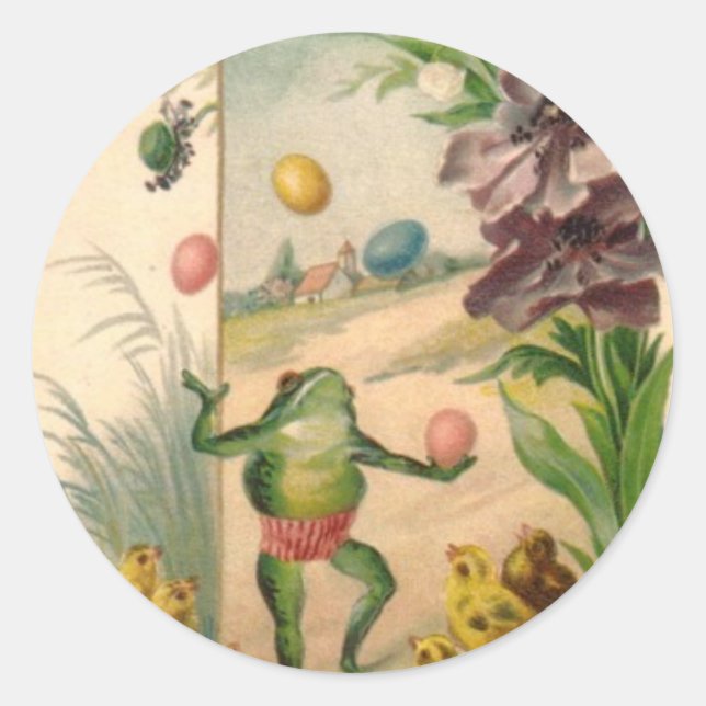 VINTAGE HAPPY EASTER FROG CLASSIC ROUND STICKER (Front)