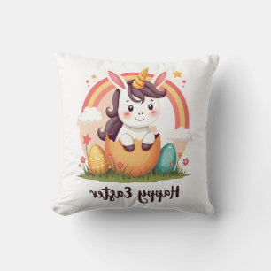 Vintage Happy Easter Unicorn Rainbow Egg Cute Kids Throw Pillow