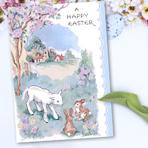 Vintage Happy Easter Wishes with Lamb & Bunnies Holiday Card