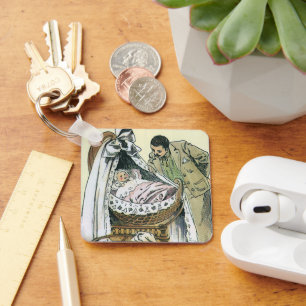 Vintage Happy Fathers Day, Victorian Baby Bassinet Keychain