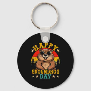 Vintage Happy Groundhog Day Animal Lover Men Women Keychain