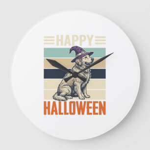 Vintage Happy Halloween Dog Witch Hat Shirt Design Large Clock