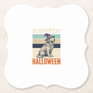 Vintage Happy Halloween Dog Witch Hat Shirt Design Paper Coaster