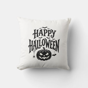 Vintage Happy Halloween Pumpkin Bat Shirt Design_1 Throw Pillow