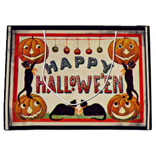 Vintage Happy Halloween Pumpkins Black Cats Large Gift Bag