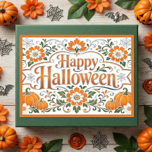 Vintage Happy Halloween Pumpkins White Florals Art Sticker