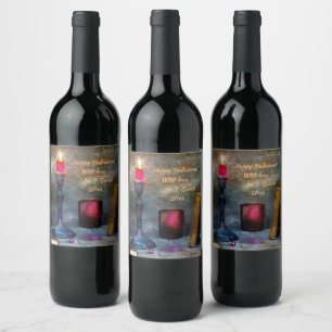 Vintage Happy Halloween Red Candle & Old Books Wine Label