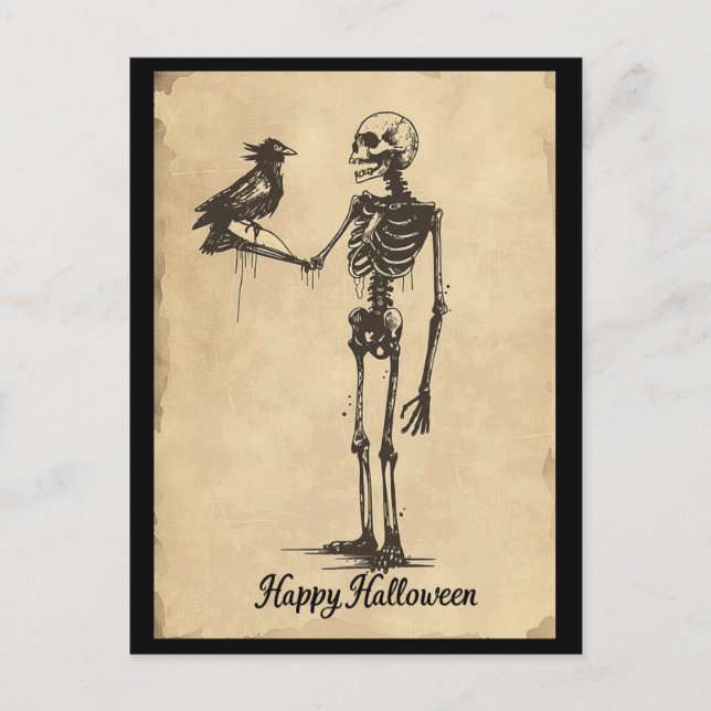 Vintage Happy Halloween Spooky Skeleton Black Bird Postcard (Front)