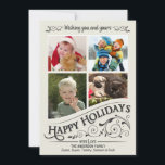 Vintage Happy Holidays 4-Photo Flat Card<br><div class="desc">Frosted window pane Christmas Holiday flat greeting cards with four photo frames. Fun and festive retro style inverted chalkboard style on elegant cream white background with fancy holly scrolls and rustic old-fashion typographic calligraphy swirl lettering. Click Customize It to adjust the inside frame for different size or odd shaped photos....</div>