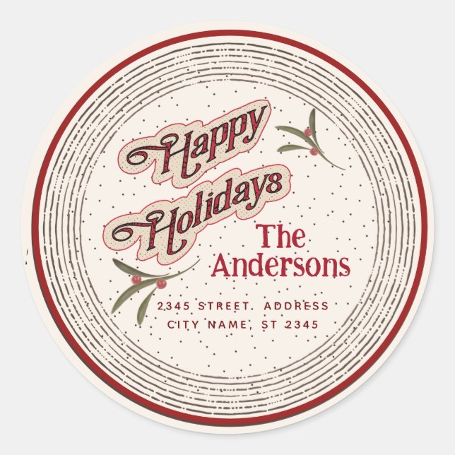 Vintage Happy Holidays botanical holly  Classic Round Sticker (Front)