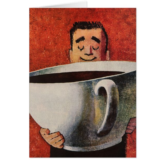 Vintage Happy Man Drinking Giant Cup of Coffee (Front)