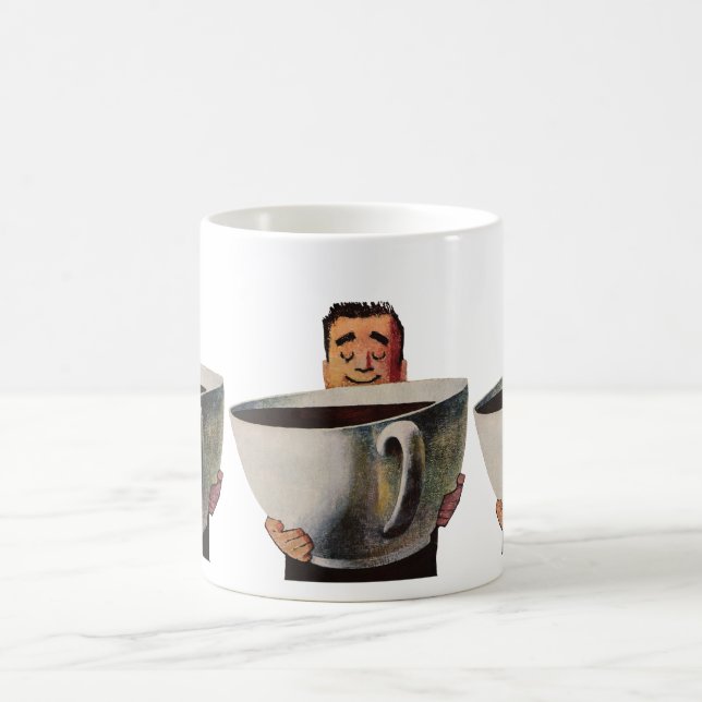 Vintage Happy Man Drinking Giant Cup of Coffee (Center)
