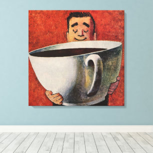 Vintage Happy Man Drinking Giant Cup of Coffee Canvas Print