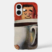 Vintage Happy Man Drinking Giant Cup of Coffee