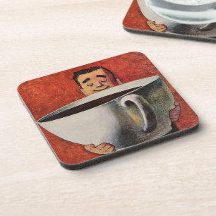 Vintage Happy Man Drinking Giant Cup of Coffee Coaster