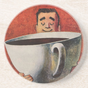 Vintage Happy Man Drinking Giant Cup of Coffee Coaster