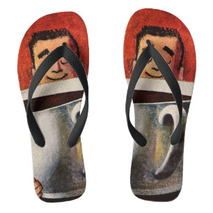 Vintage Happy Man Drinking Giant Cup of Coffee Flip Flops